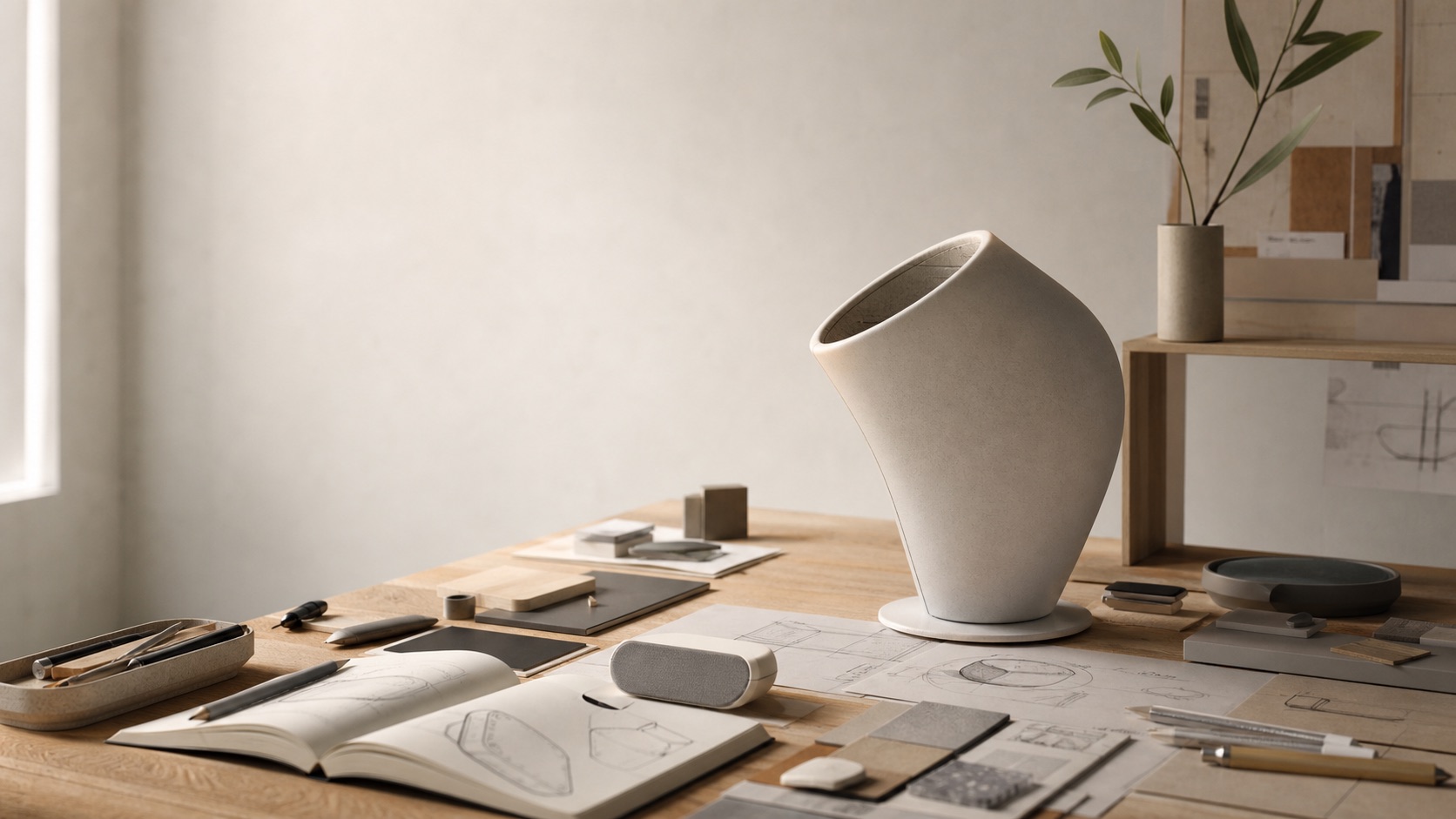 Industrial design studio table with refined prototypes, material samples, and sketches.