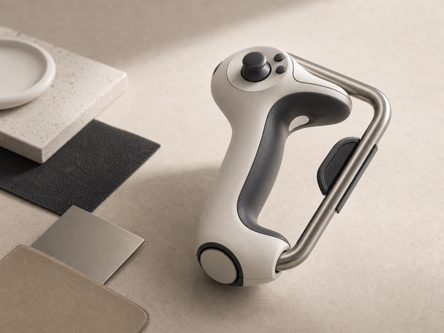 Ergonomic handheld product concept with soft grip and metal accent rail.