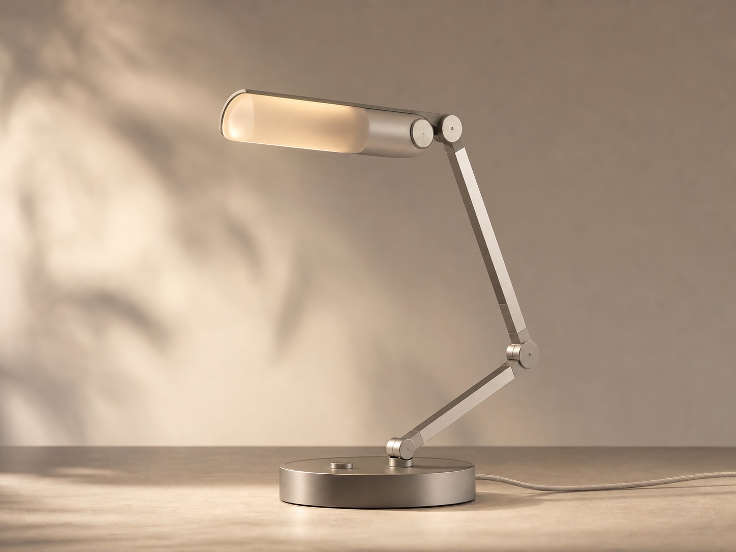 Modular desk lamp concept with translucent shade and brushed metal base.