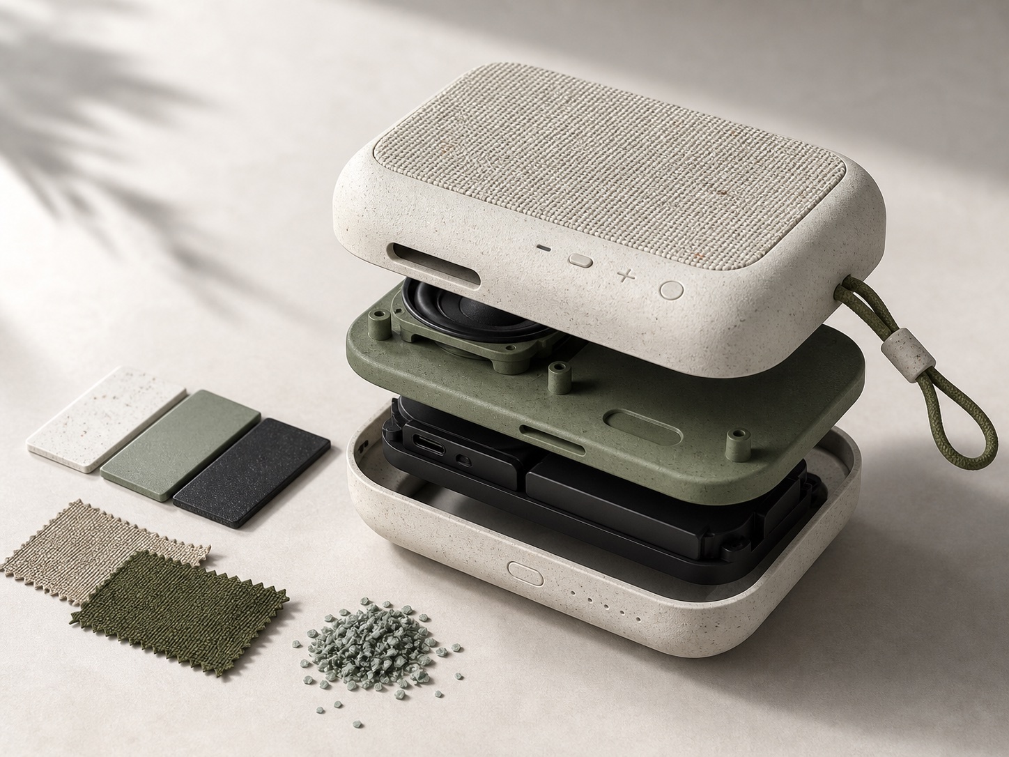 Portable speaker or desktop device concept with stacked layers and material chips.